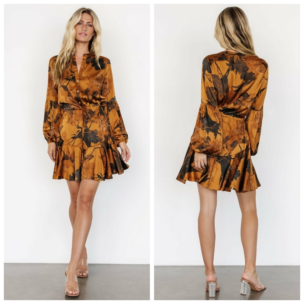 Baltic Born Venice Cooper Gold Floral Long Sleeve Short Dress